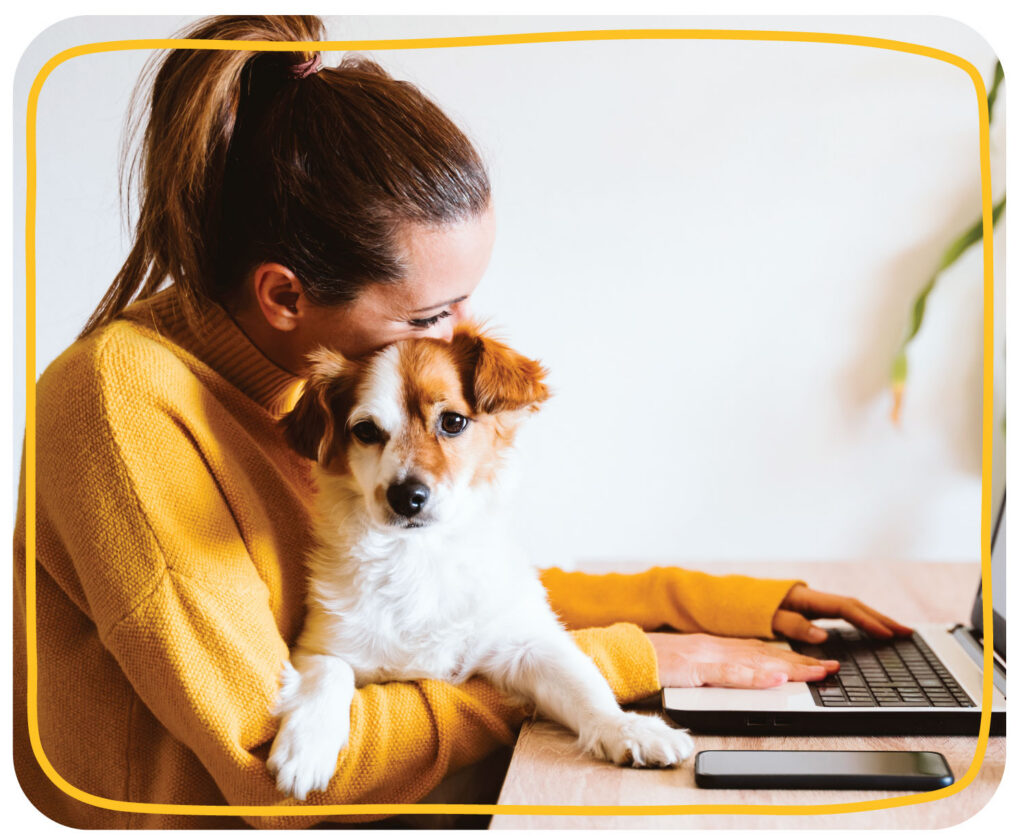 Pet parent shopping online with their dog while browsing pet products on a laptop